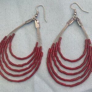 Red Multi-Strand Beaded Drop Earrings